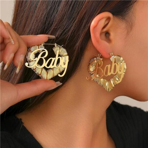 Gold Bamboo Hoop Earrings for Women Large Heart Door Knocker 90s Hip Hop Jewelry - Picture 3 of 8